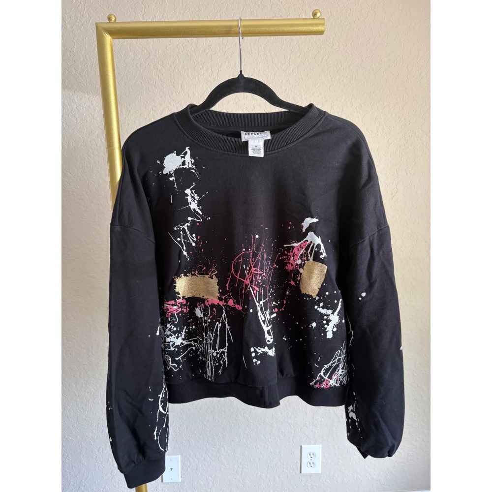 For The Republic Womens Sweatshirt Black Metallic Paint Cotton M Streetwear